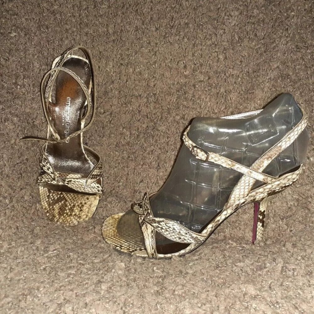 EMANUEL UNGARO-Snakeskin Leather Sandals-Strappy-Ankle Straps-Sz 6-Excellent